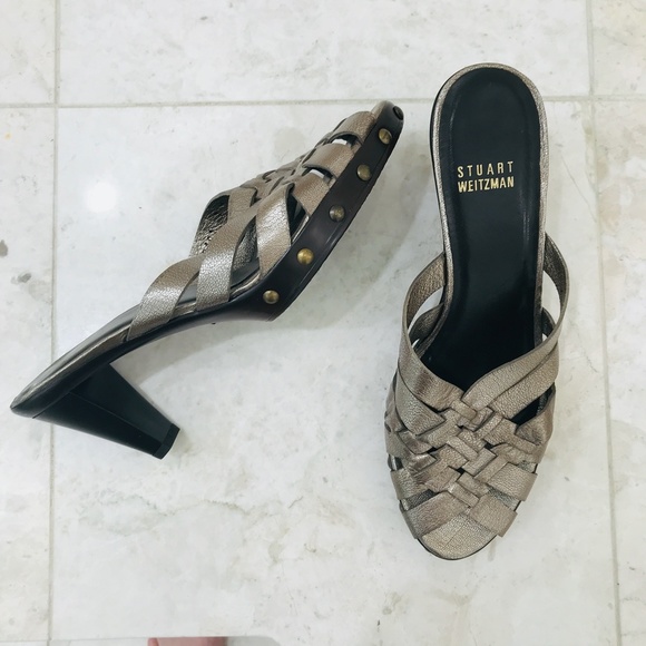 STUART WEITZMAN {7} Sandal Mule Slide-On Heel Metallic Basket Weave Stud… - Picture 8 of 9